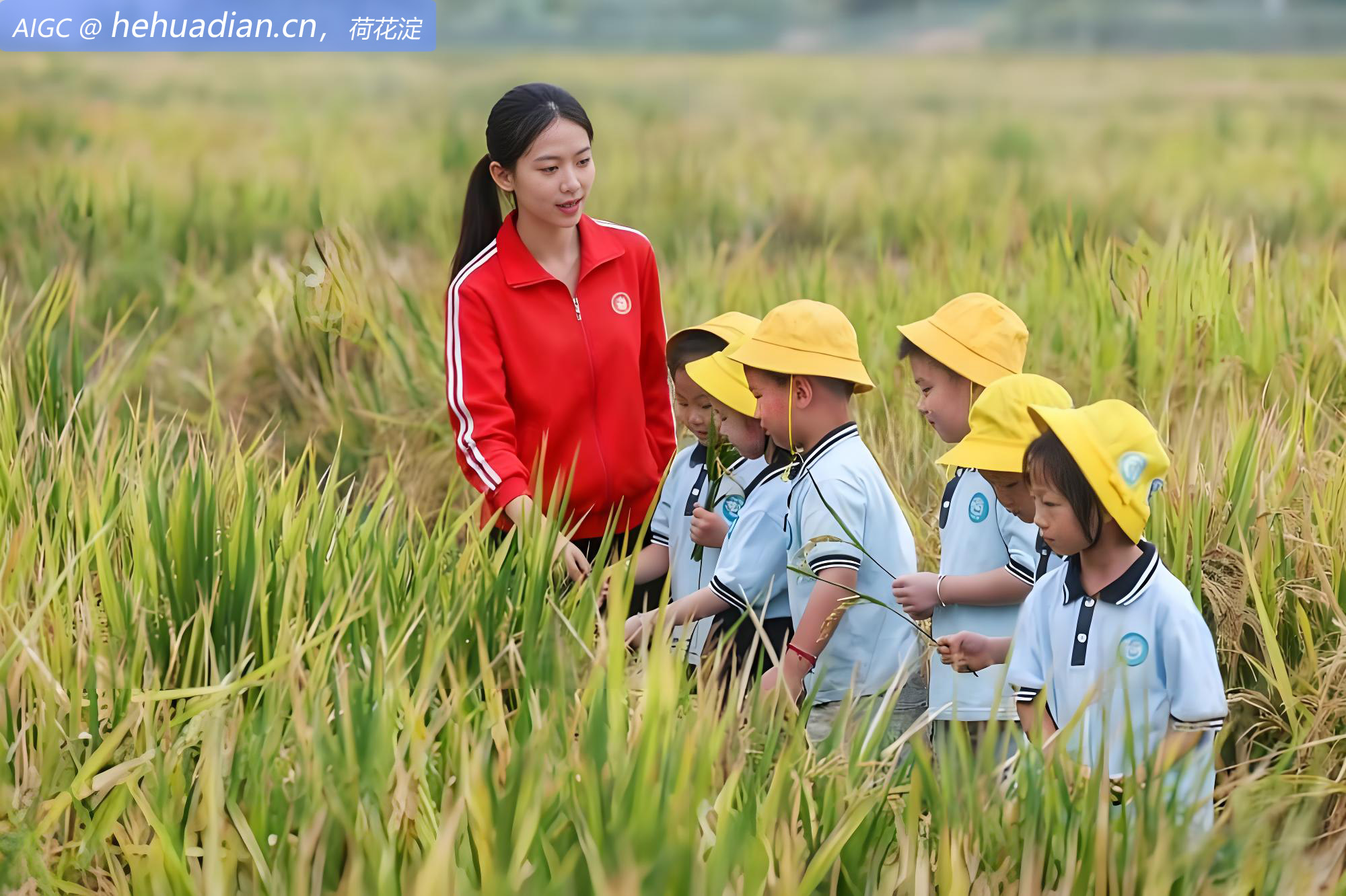 浙江湖州东林镇老师带着孩子们近距离观察稻穗