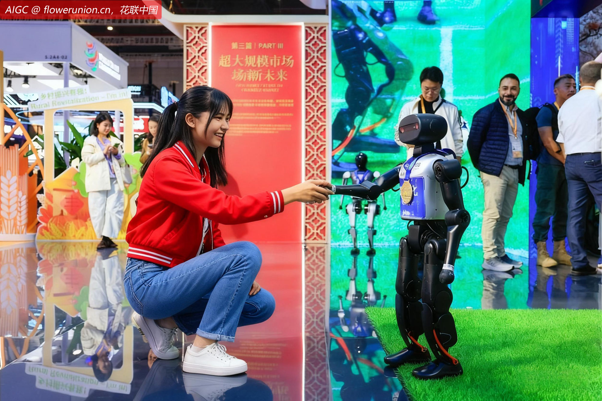 进博会中国馆，一名女生正在和机器人握手