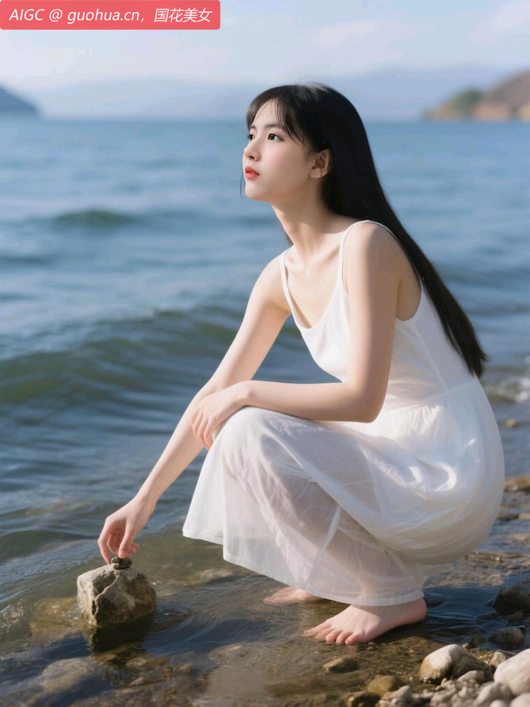 海风轻拂长发，她赤足踏在微凉的浅滩