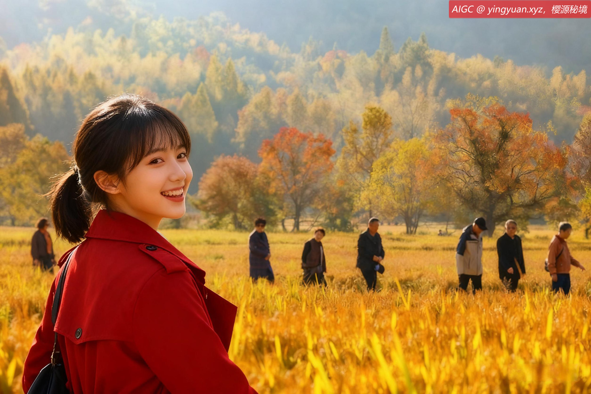 黄山市宏村，绚丽多彩的乌桕树与金黄的稻田相映成趣