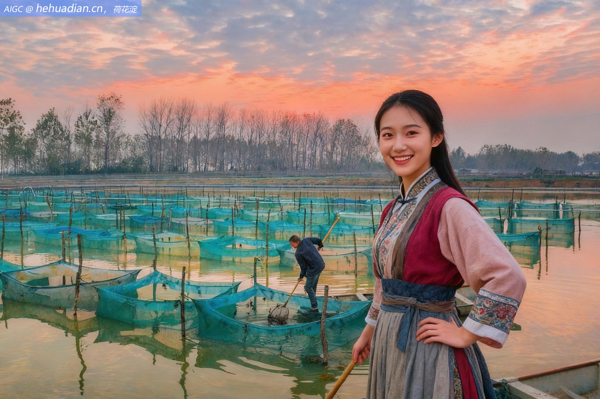 江苏宿迁洪泽湖大闸蟹丰收，晚霞映照的水面