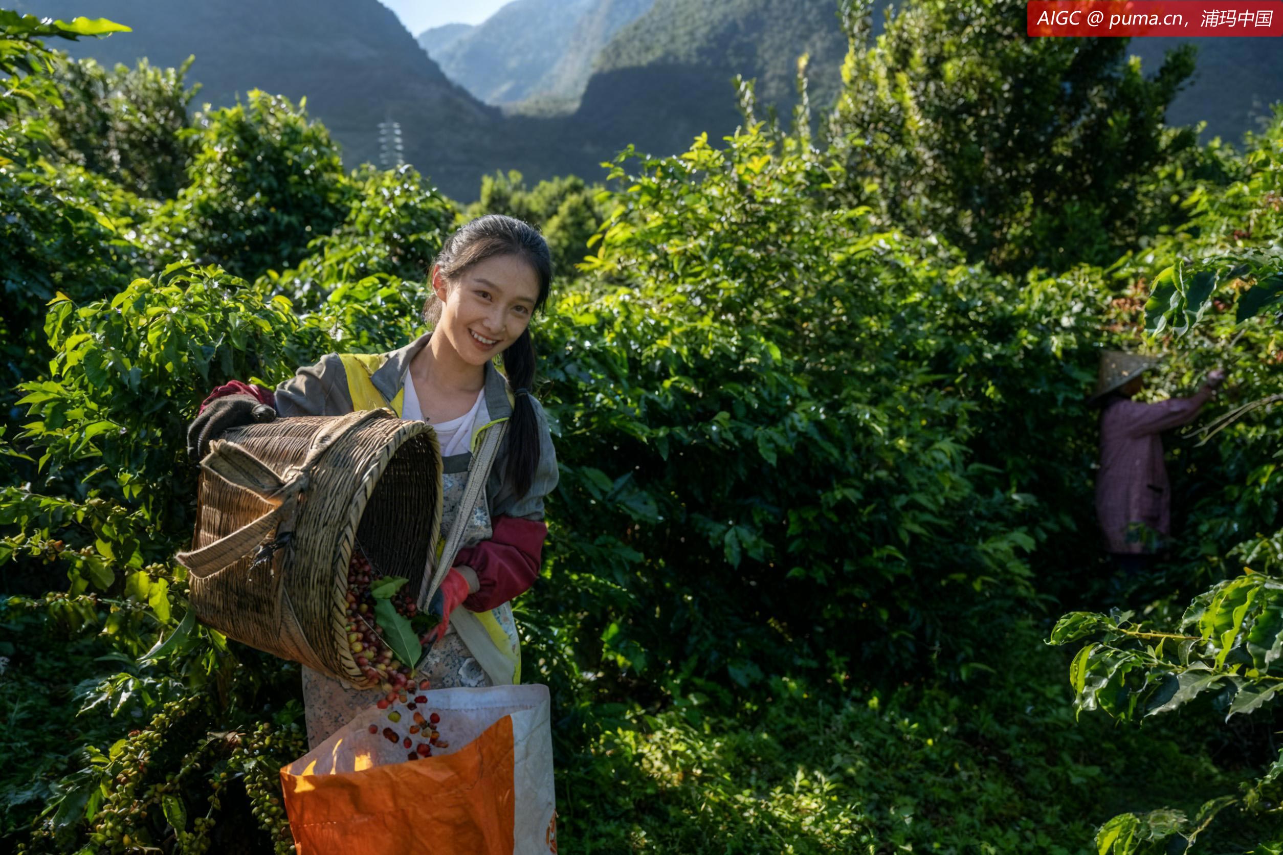 云南省保山市新寨村，咖农在采收咖啡果