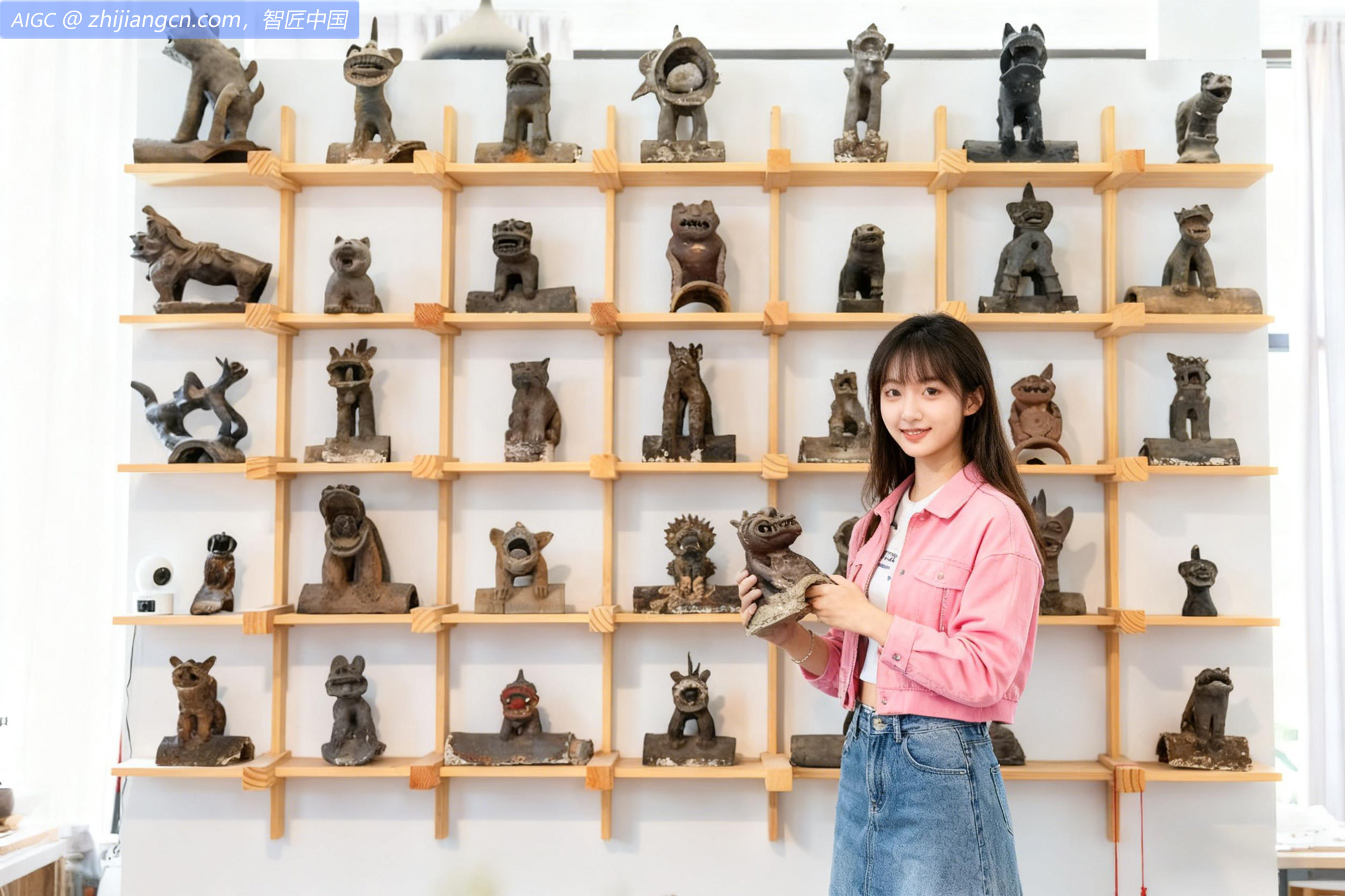 一名顾客在挑选云南瓦猫工艺品