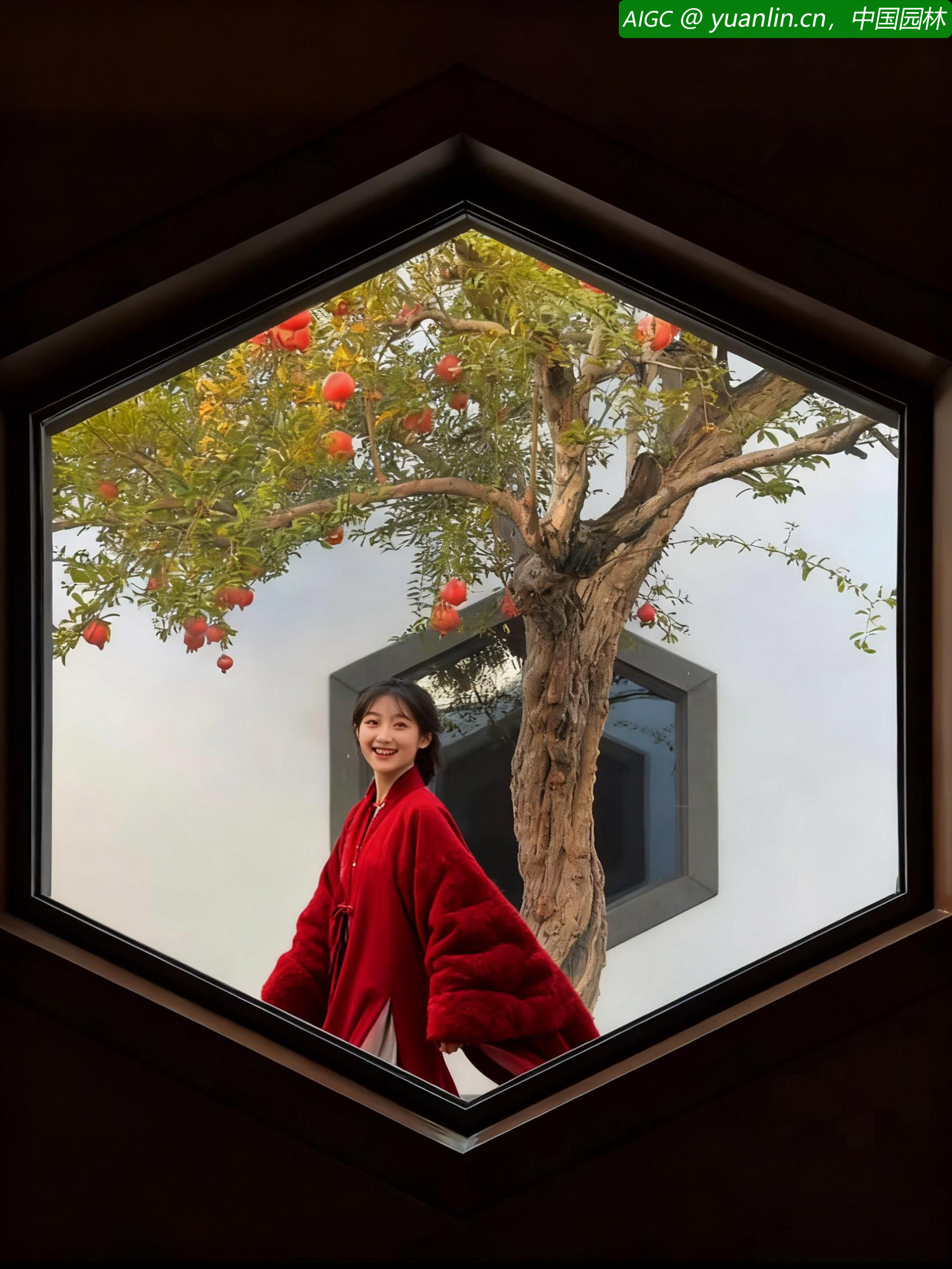 苏州拙政园的石榴树下，一位红衣少女，风也似地走过