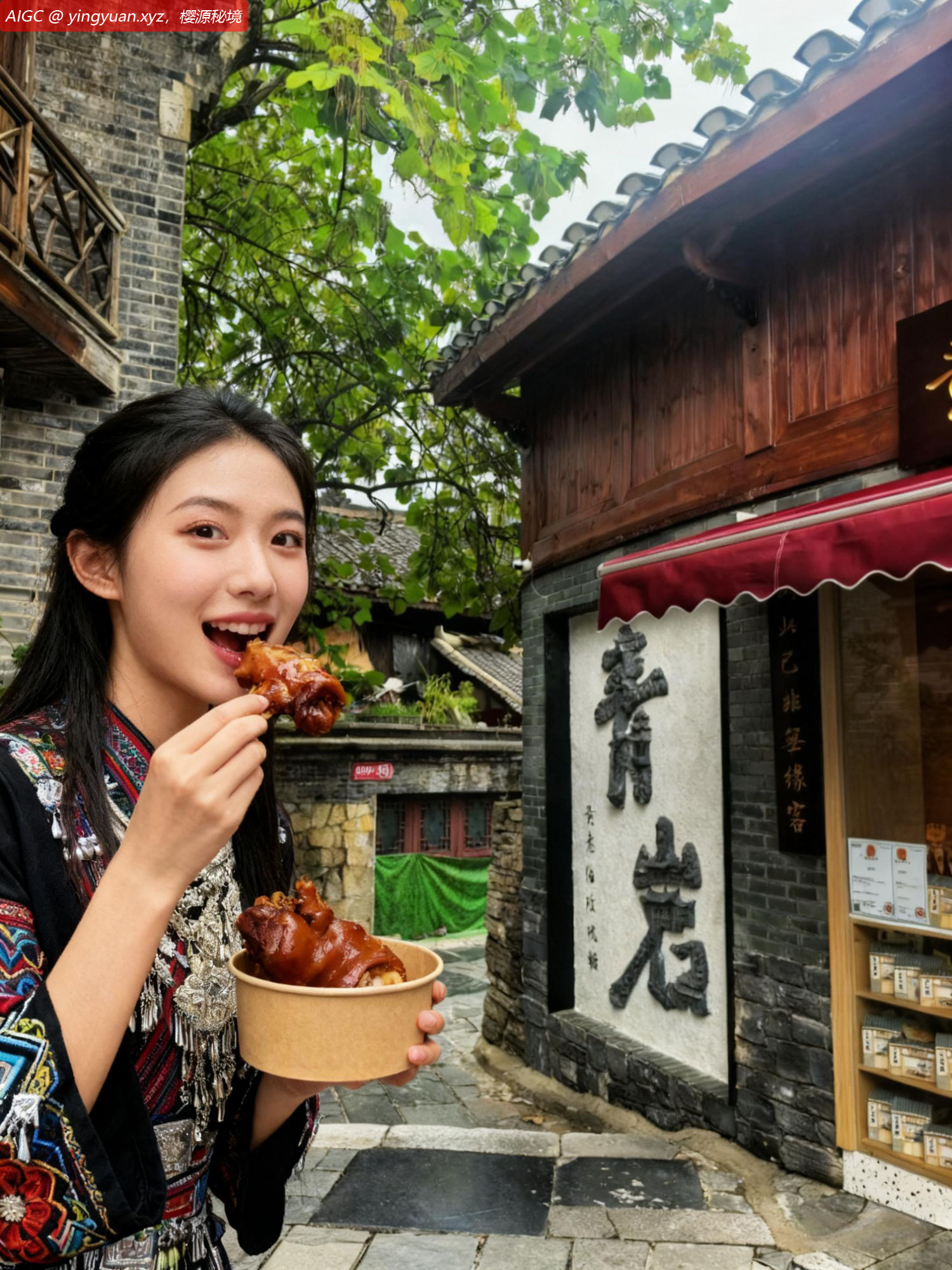贵州青岩古镇，一位游客在啃卤猪脚