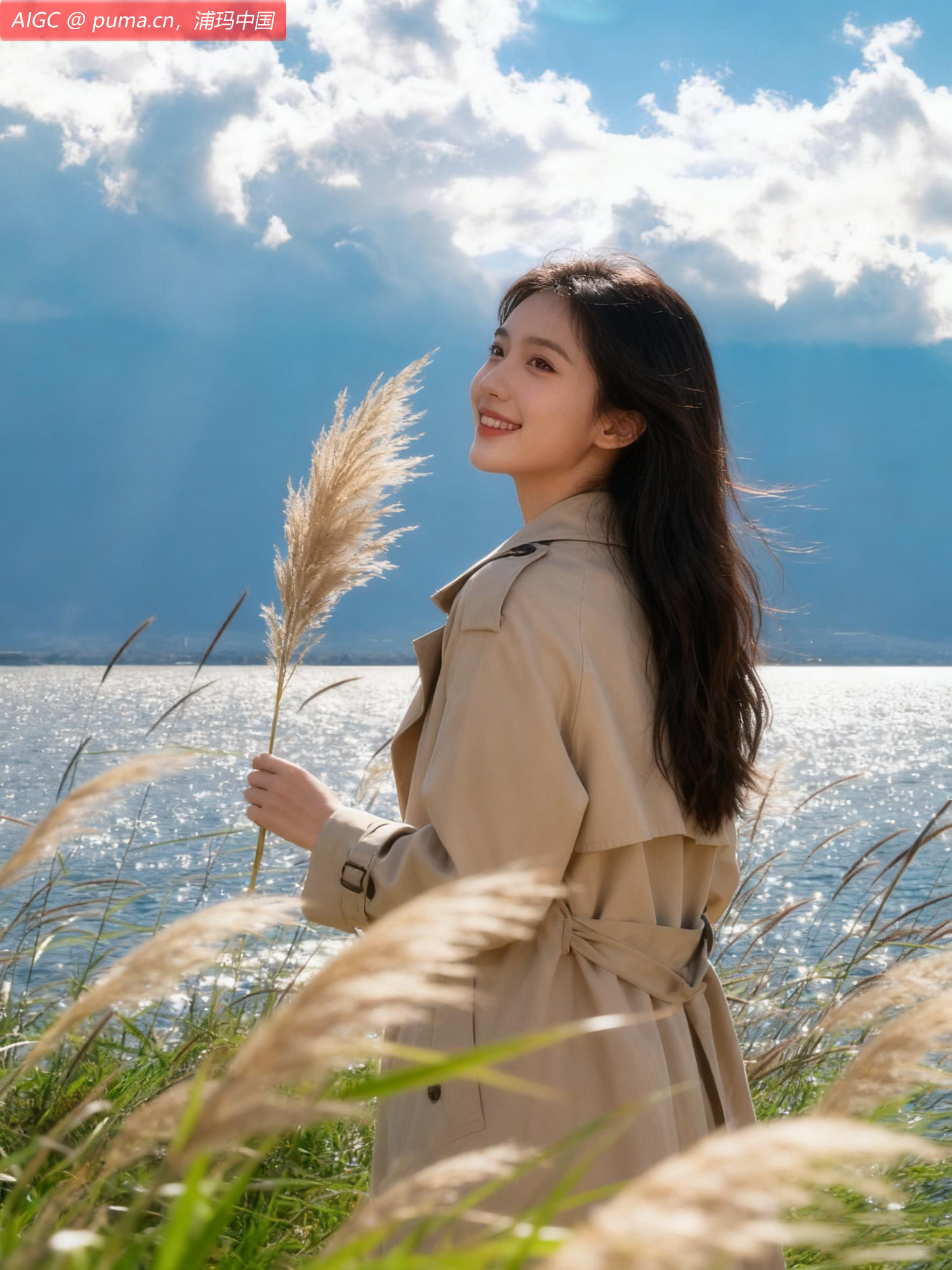 秋水浩渺，蓝天澄澈，白云悠然，湖畔伊人