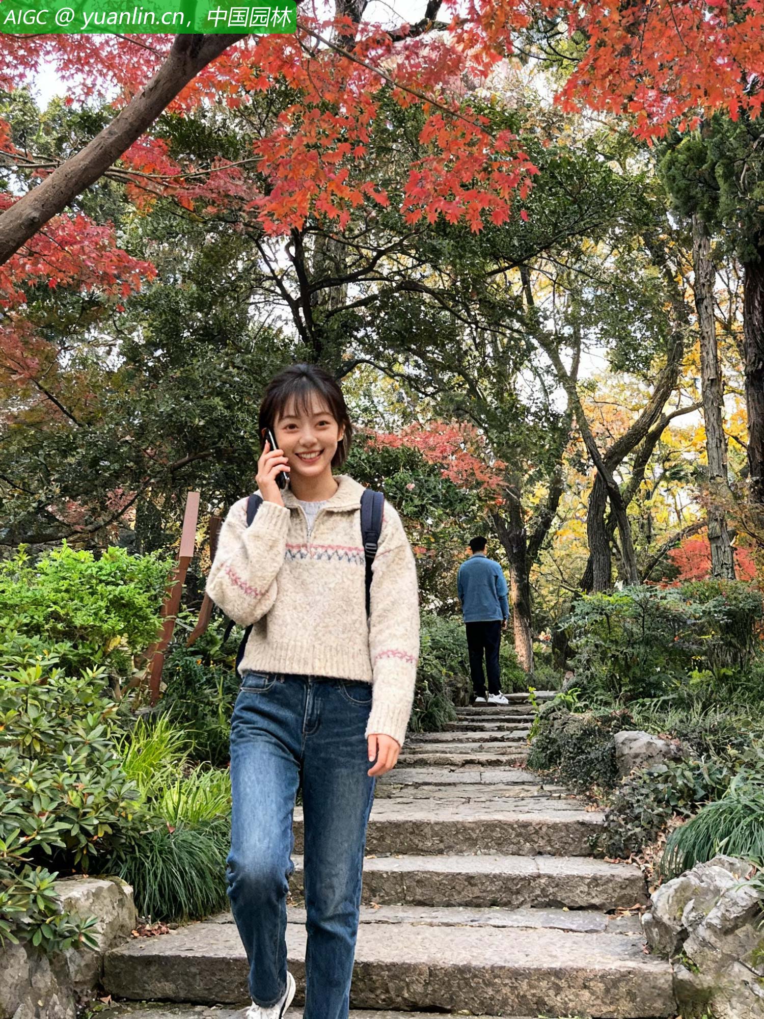 古漪园秋叶染红，重重叠叠的金黄与红色交织