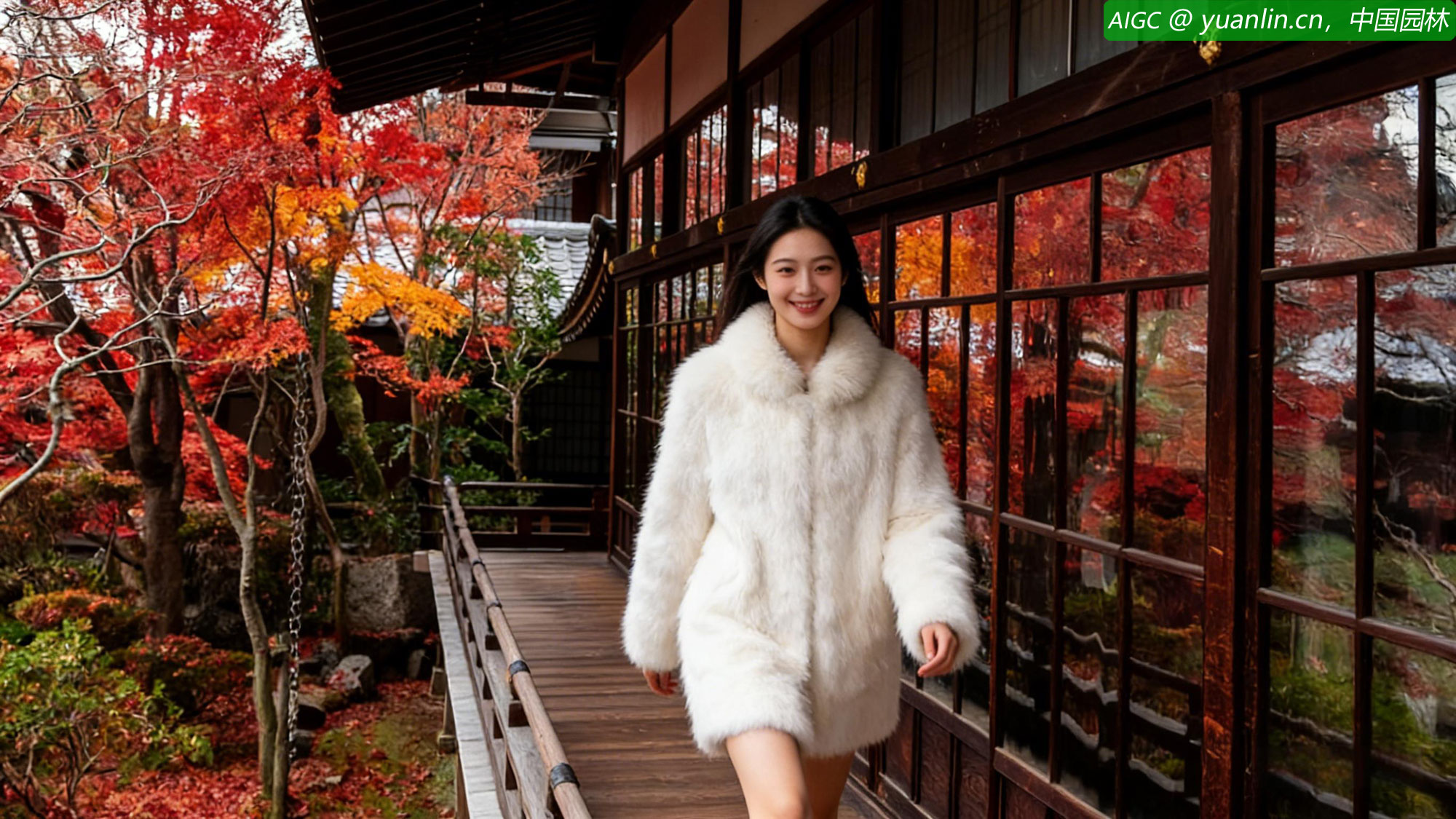 白色毛绒短外套美女，正行走在古雅的园林回廊间