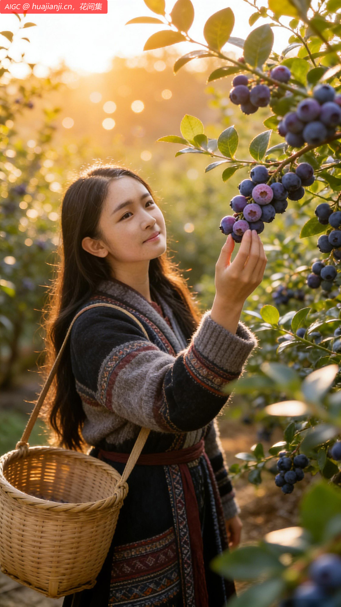 云南玉溪，一位姑娘正在果园采摘蓝莓