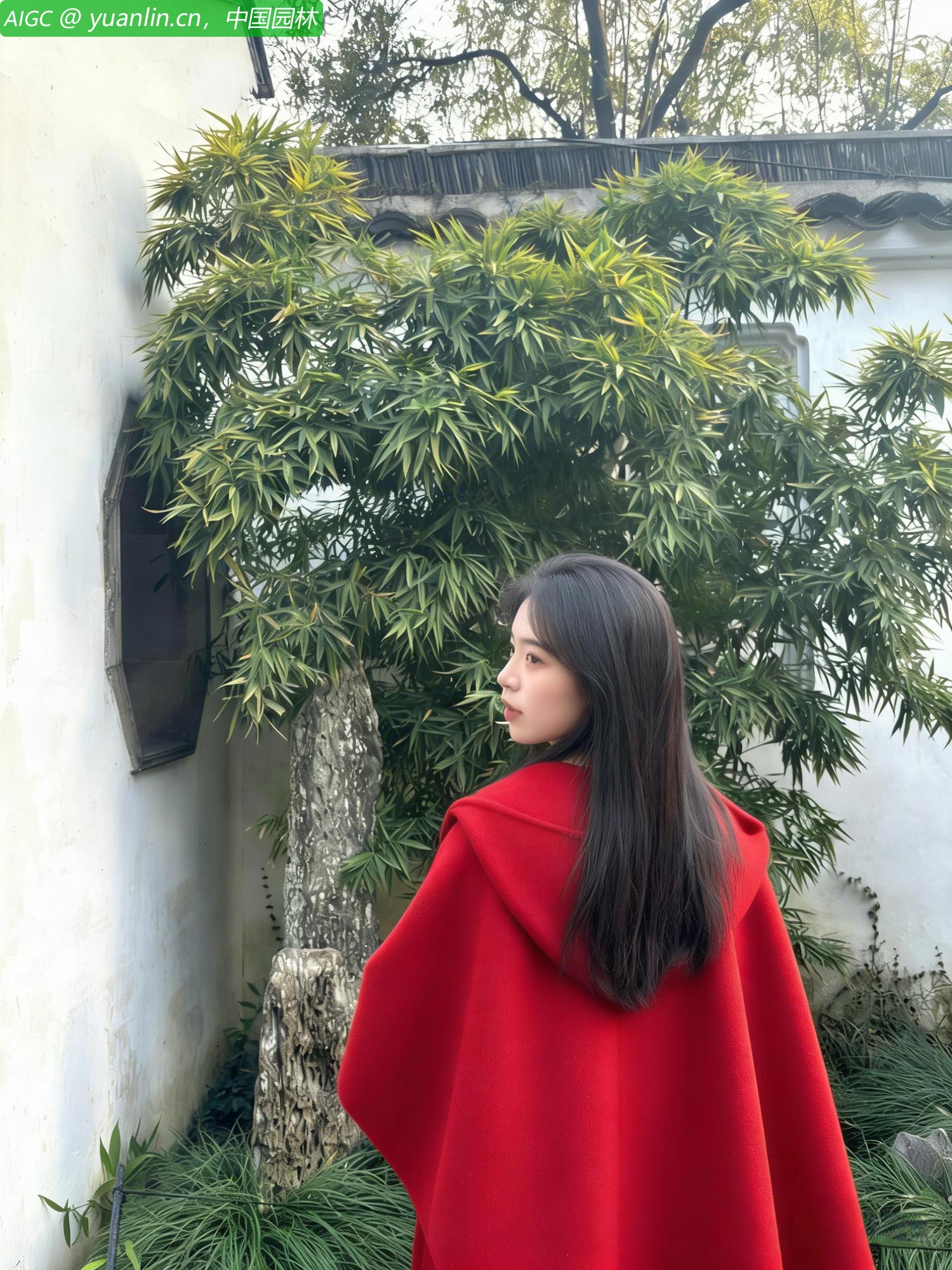 拙政园的竹影里，长发少女拢了拢红袖