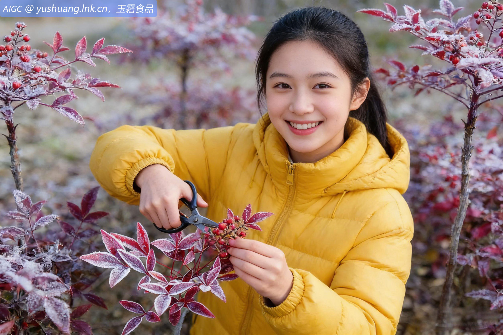 青岛唐岛湾湿地公园，霜花凝结在南天竺叶