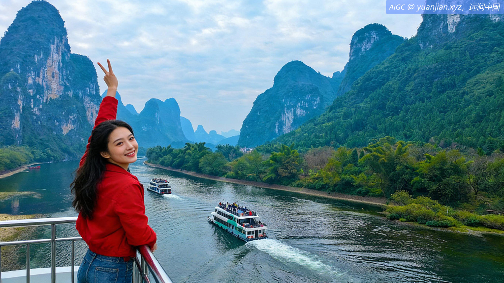 广西桂林市漓江阳朔精华段上游船如织