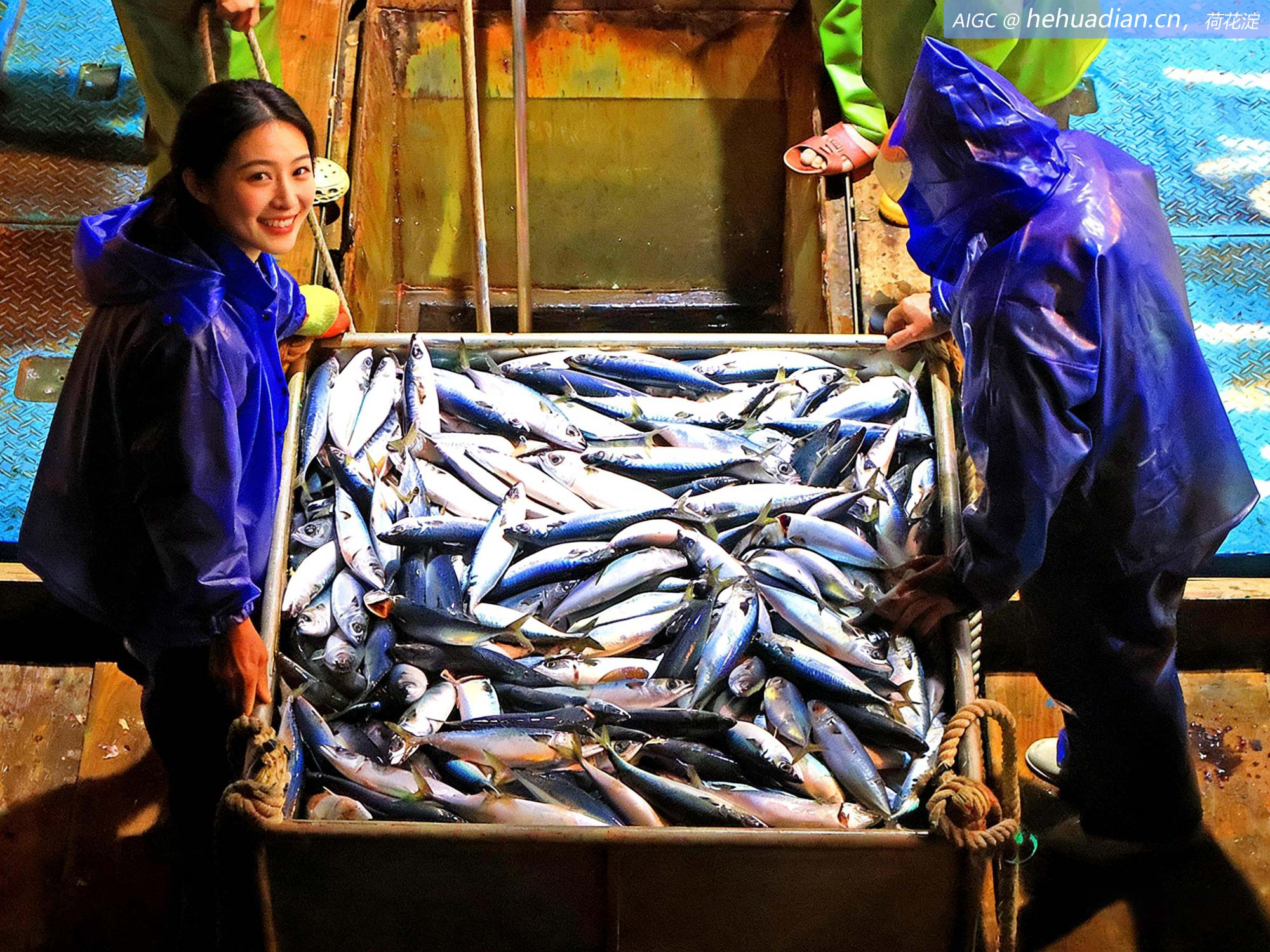 浙江玉环大麦屿渔港码头。渔民们正忙着保鲜渔获