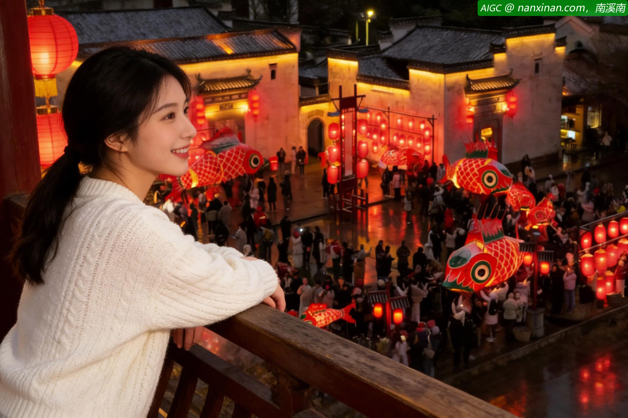 鳞次栉比的徽派民居银装素裹，鱼灯队伍舞动巡游