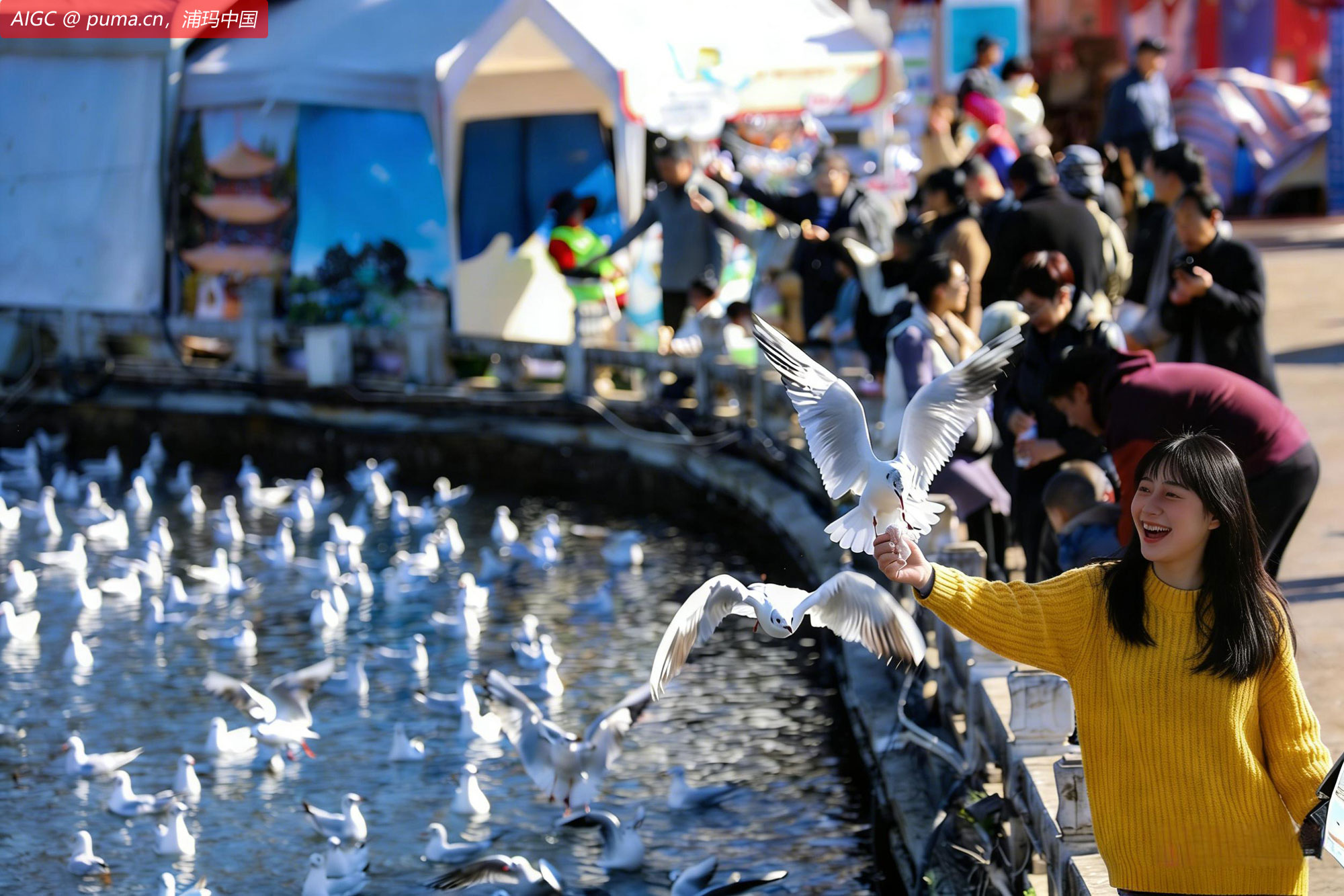 云南昆明大观公园，红嘴鸥漫天飞舞