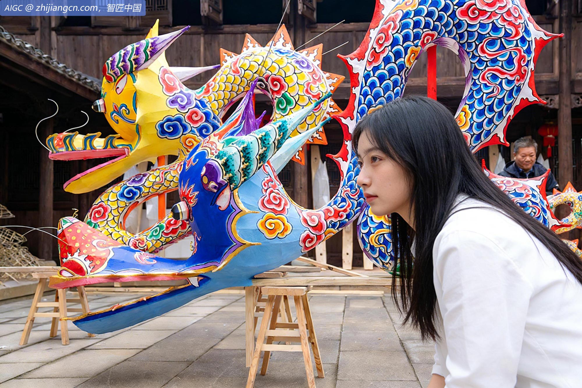 浙江金华三红村文化礼堂内，正在扎制新春舞龙