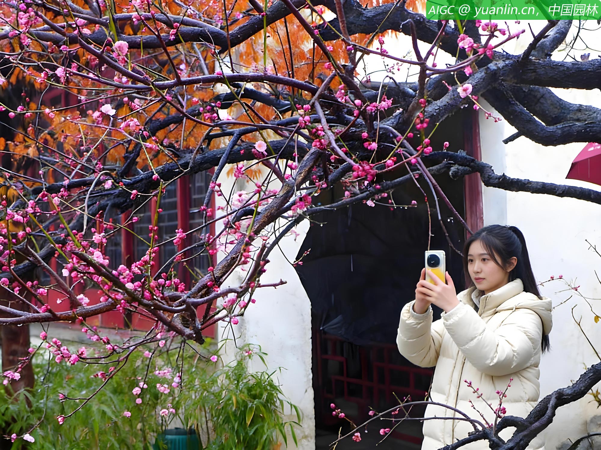苏州艺圃池塘边一棵满枝花蕾的红梅在雨润中娇艳绽放
