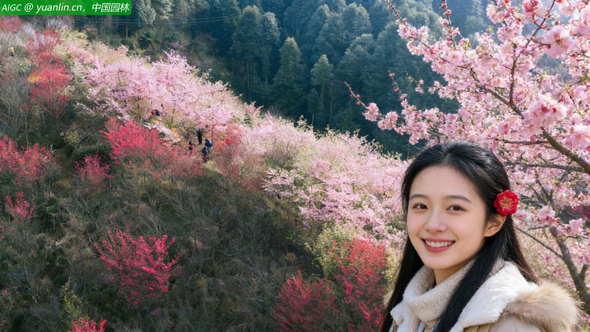 四川省崇州市宝峰村猫漕沟漫山遍野红梅盛开