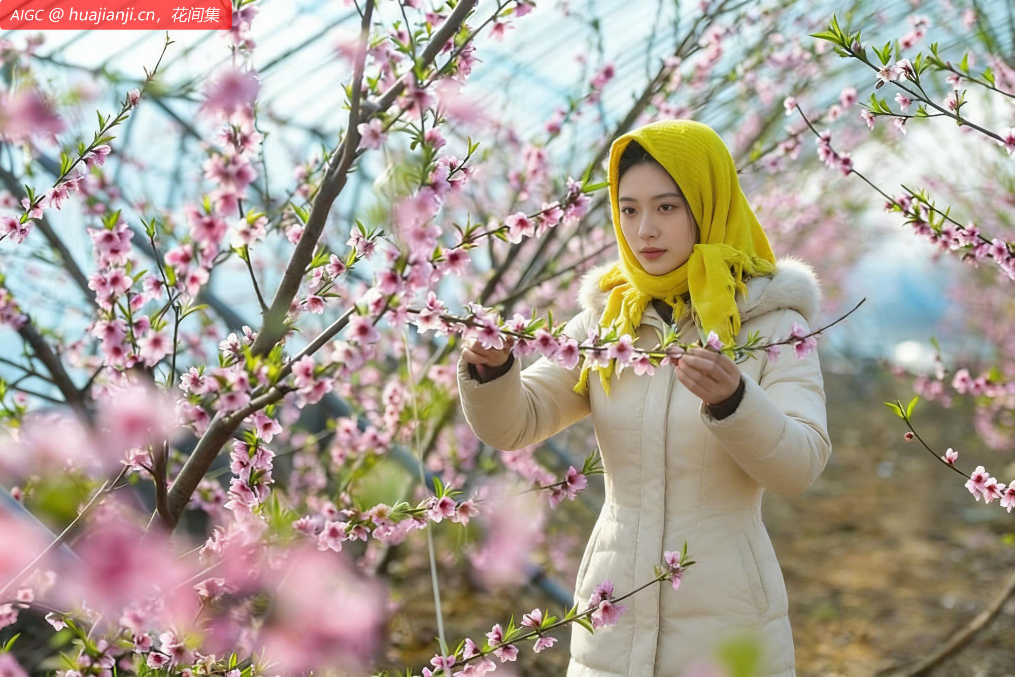 山东省潍坊市油桃种植基地，网红果农为桃树疏花