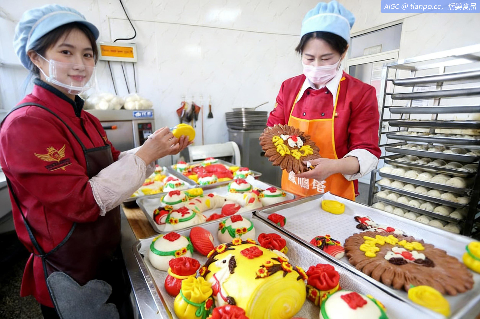 江苏连云港，为民大食堂的员工正在制作喜庆花馍