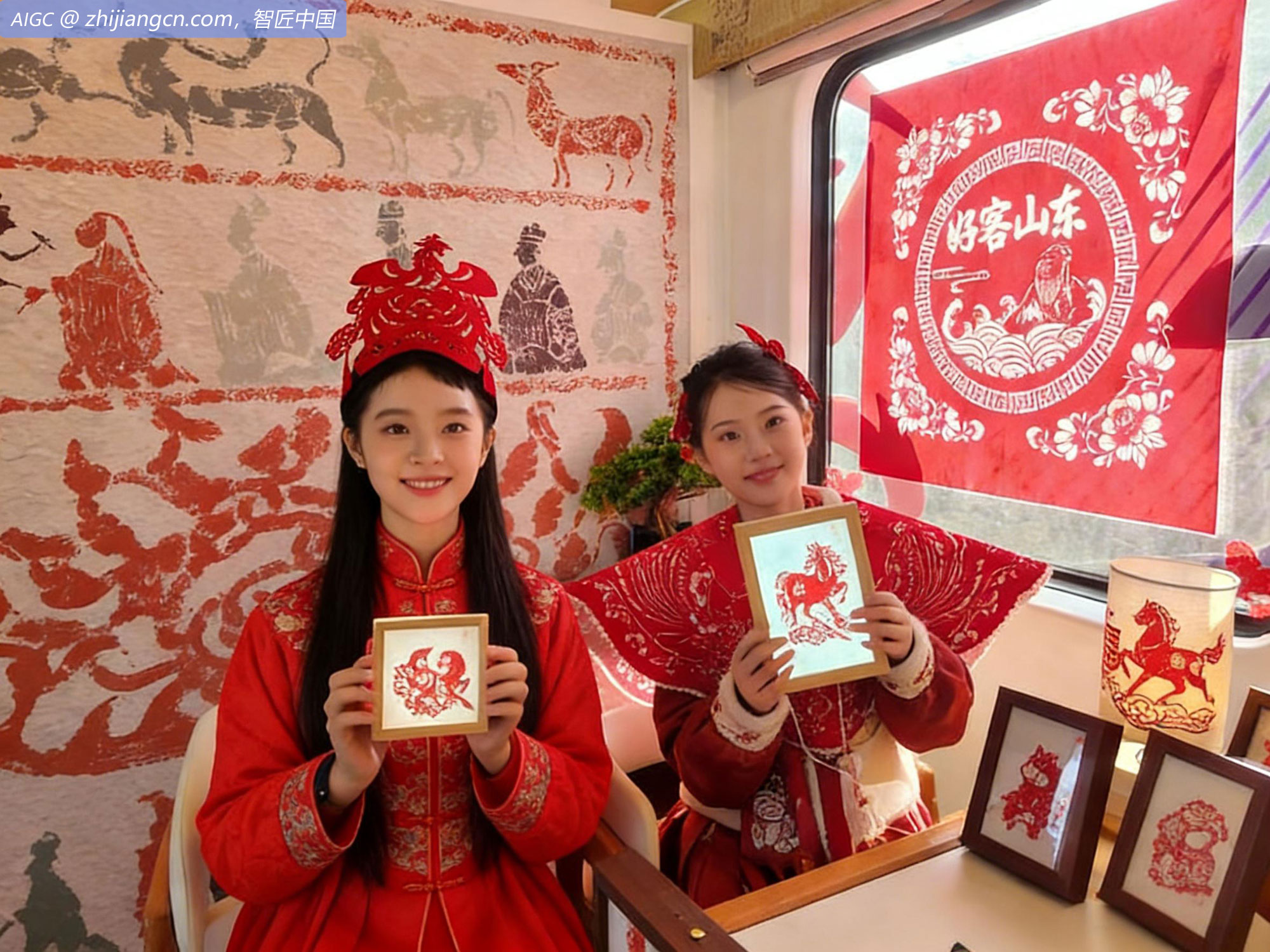 铁轨上的移动博物馆，小朋友在列车上把剪纸穿戴在身