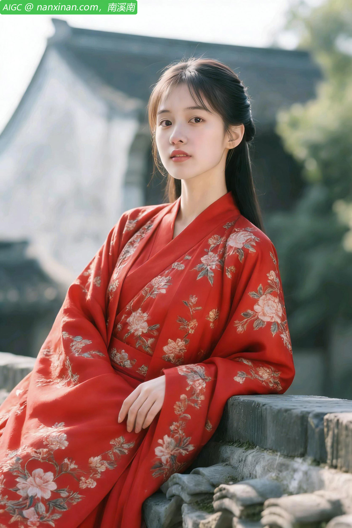 清晨的阳光和煦轻柔，她安坐于古朴石栏旁