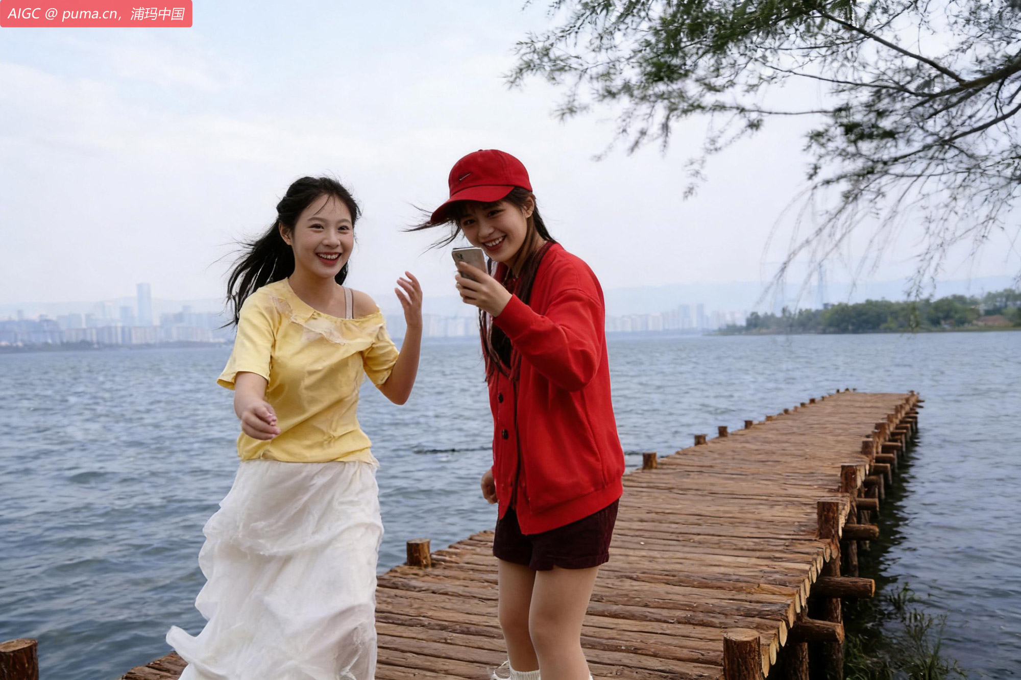两名游客在滇池边拍照打卡