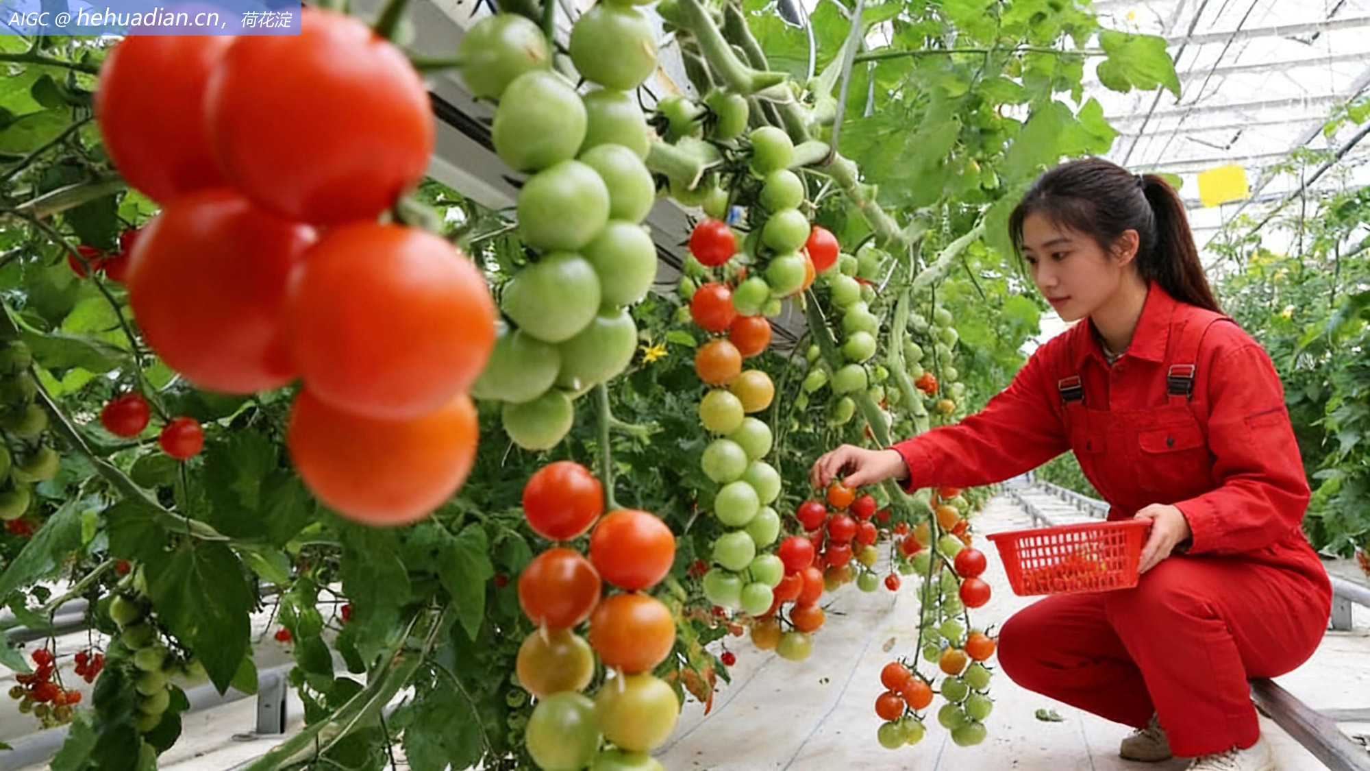 江苏省连云港浦南镇番茄庄园，工作人员在采摘小番茄