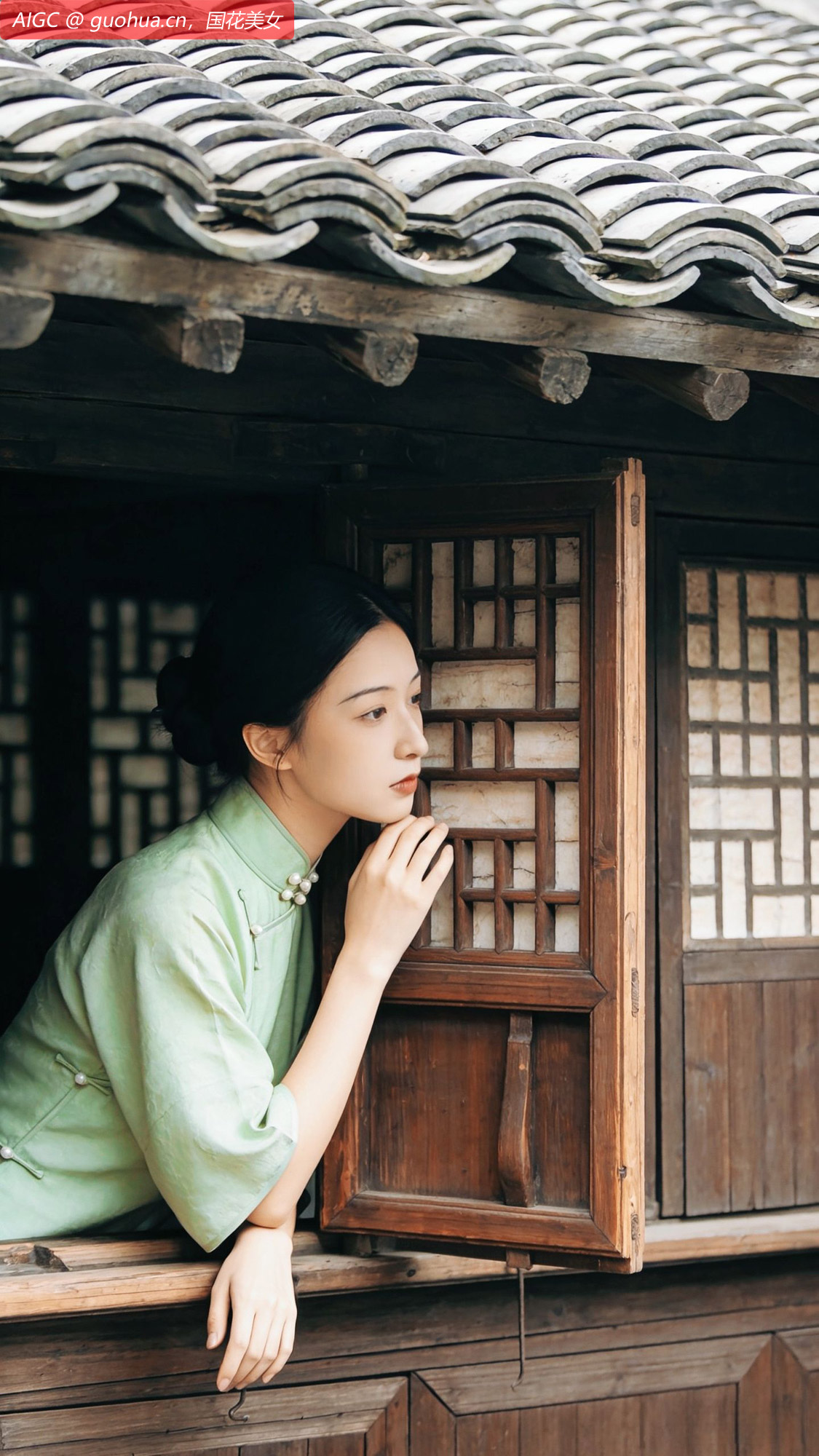 在周庄张厅的古窗边，梦晓一身浅绿旗袍