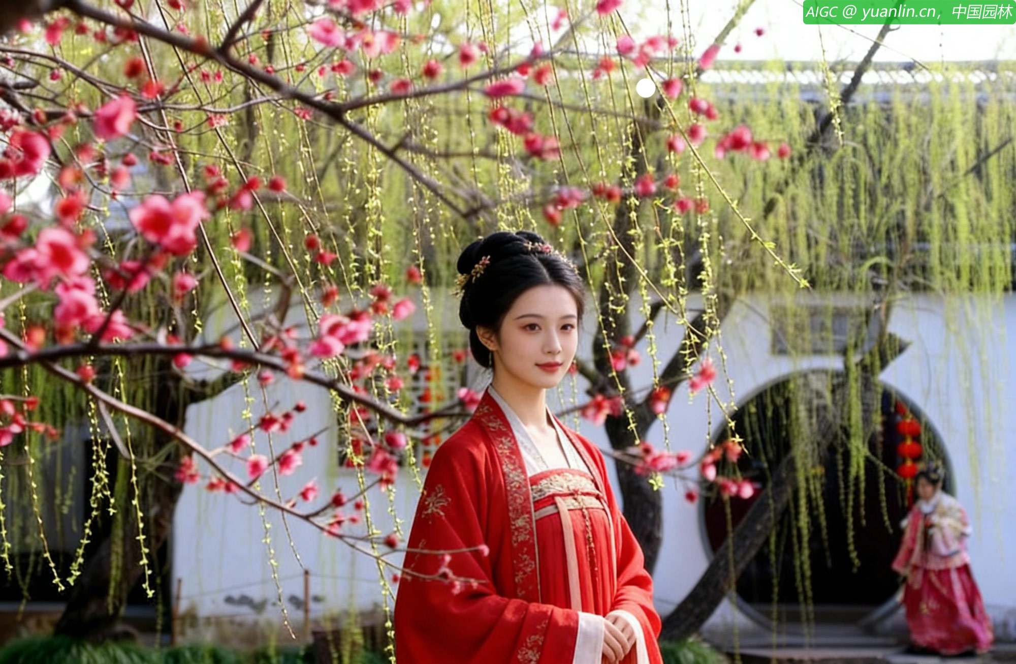 一群汉服游客在可园赏花游玩。