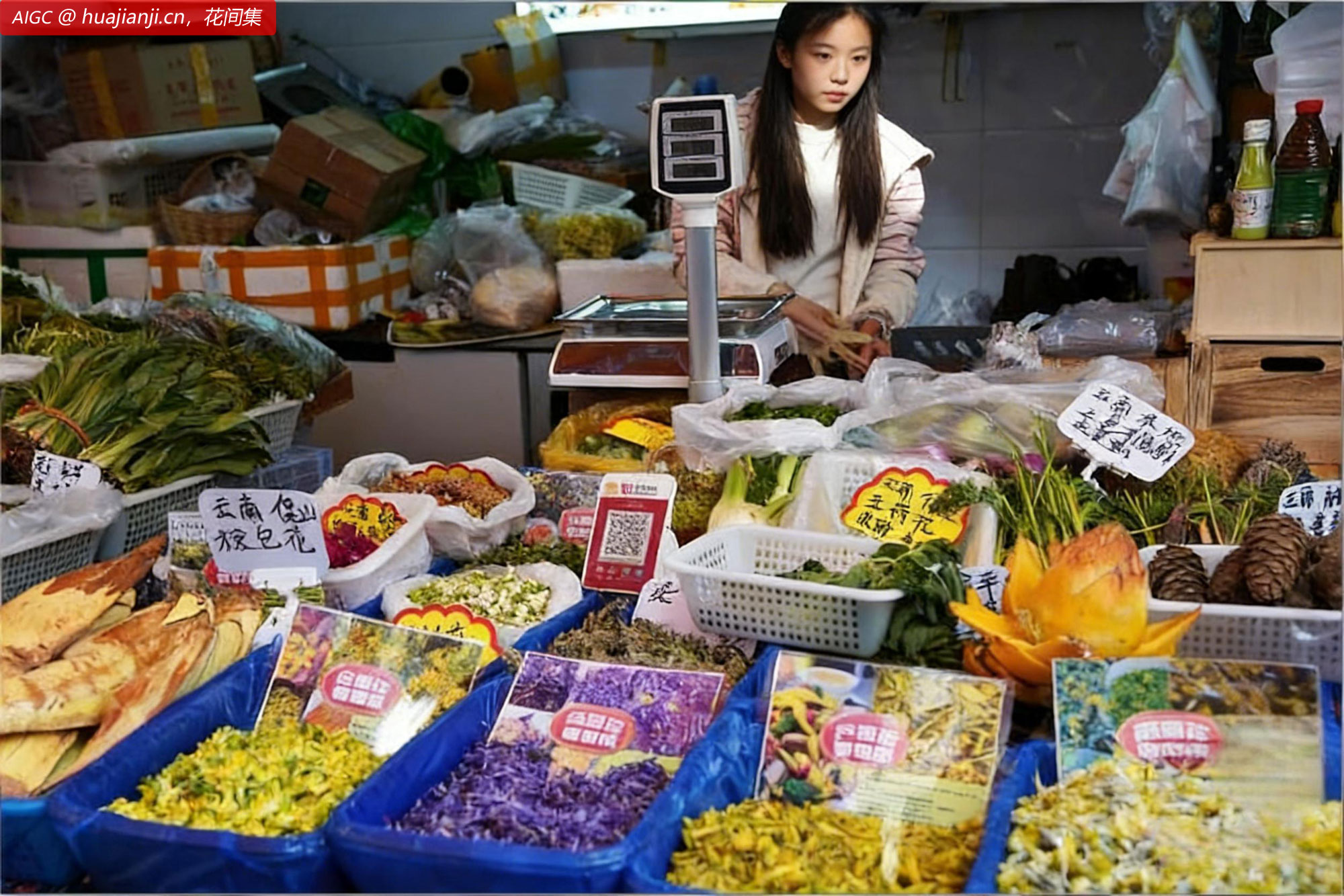 云南省昆明市篆新农贸市场内，商家销售食用鲜花