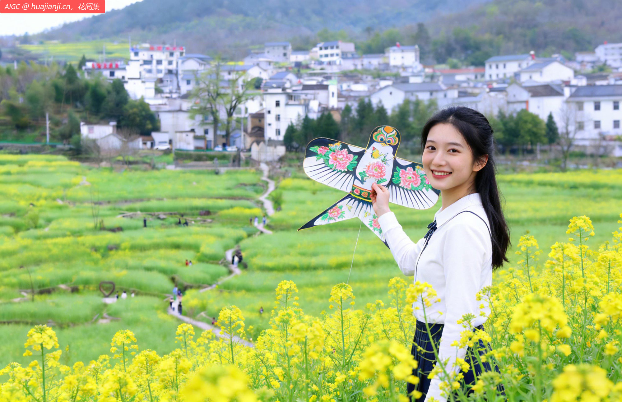 安徽绩溪，游客在家朋乡幸福村梯田油菜花中赏花踏青