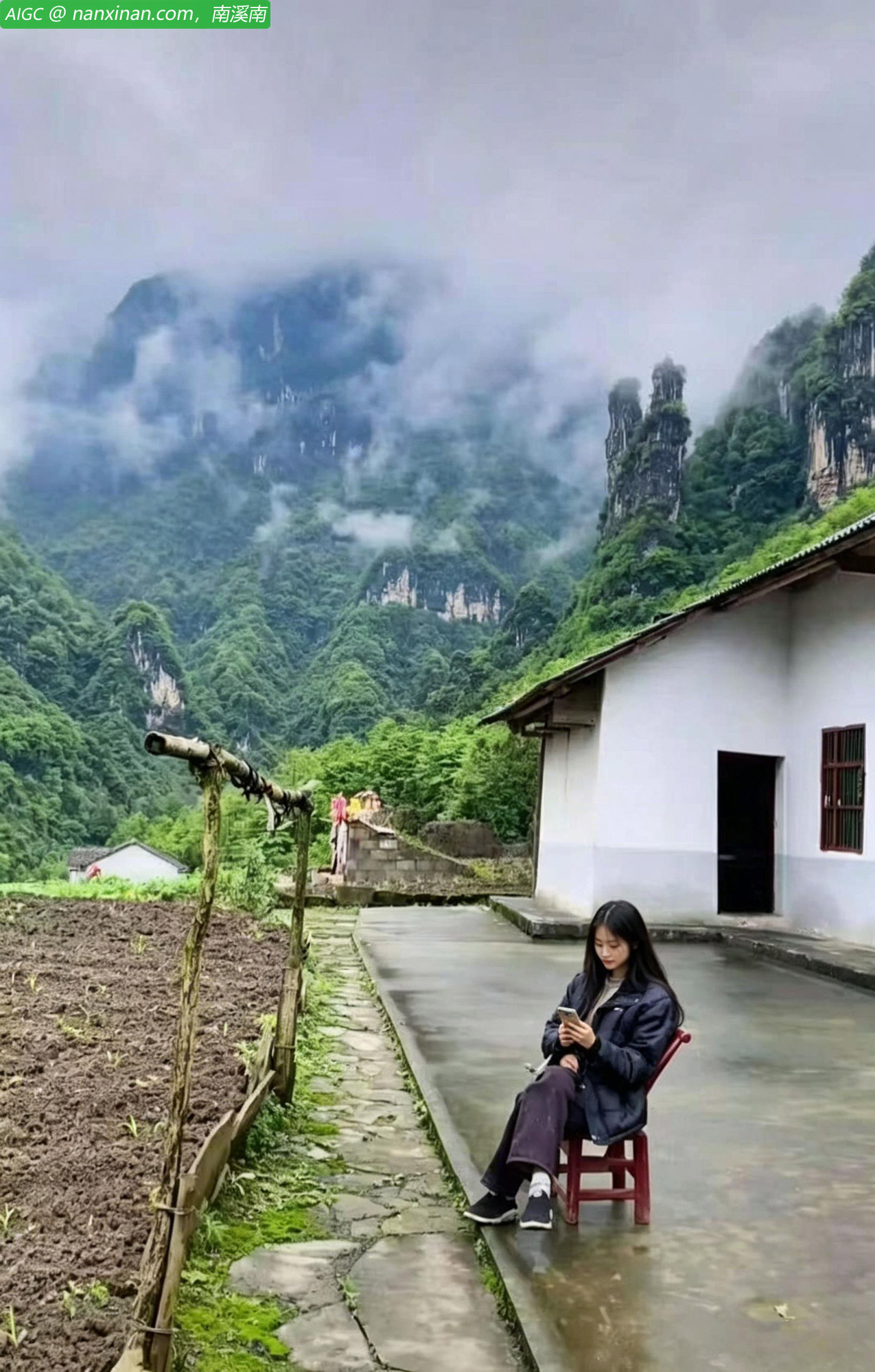 晓樱悠然地坐在老家旧屋前的竹椅上刷抖音