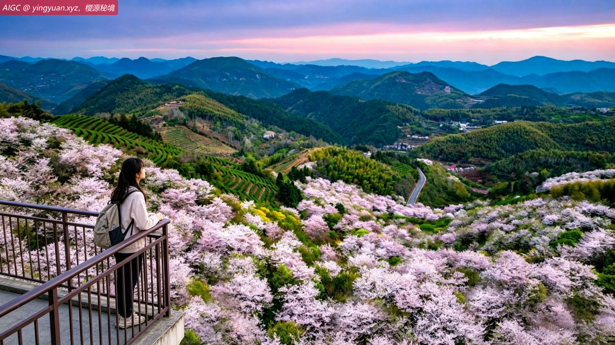 浙江宁海陈家坑村七星塘茶场，高山樱花与春茶交相辉映
