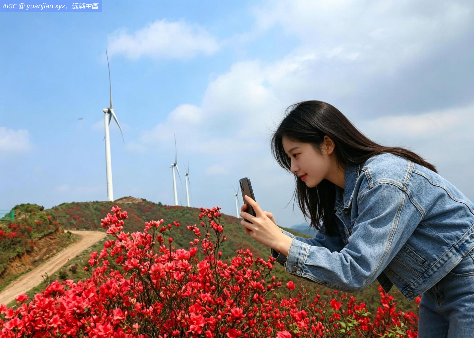 江西泰和：风机矗立山间 杜鹃花开烂漫
