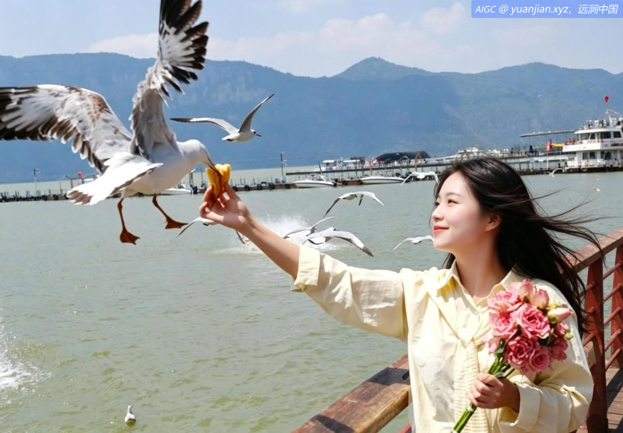 云南昆明春光明媚，滇池湿地海埂公园红嘴鸥戏水飞翔