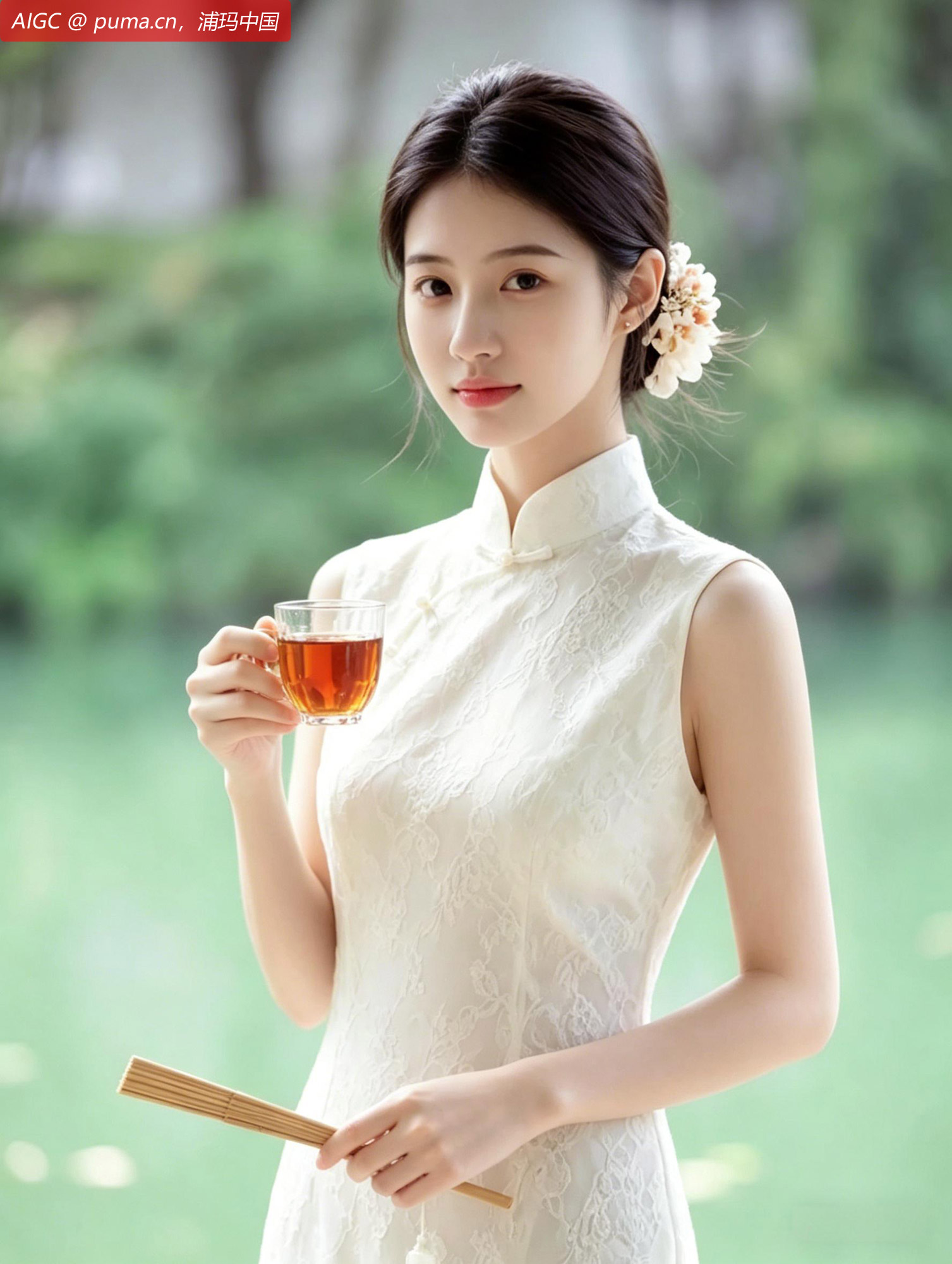 她手持一杯浦玛红茶，茶汤琥珀，香气悠然