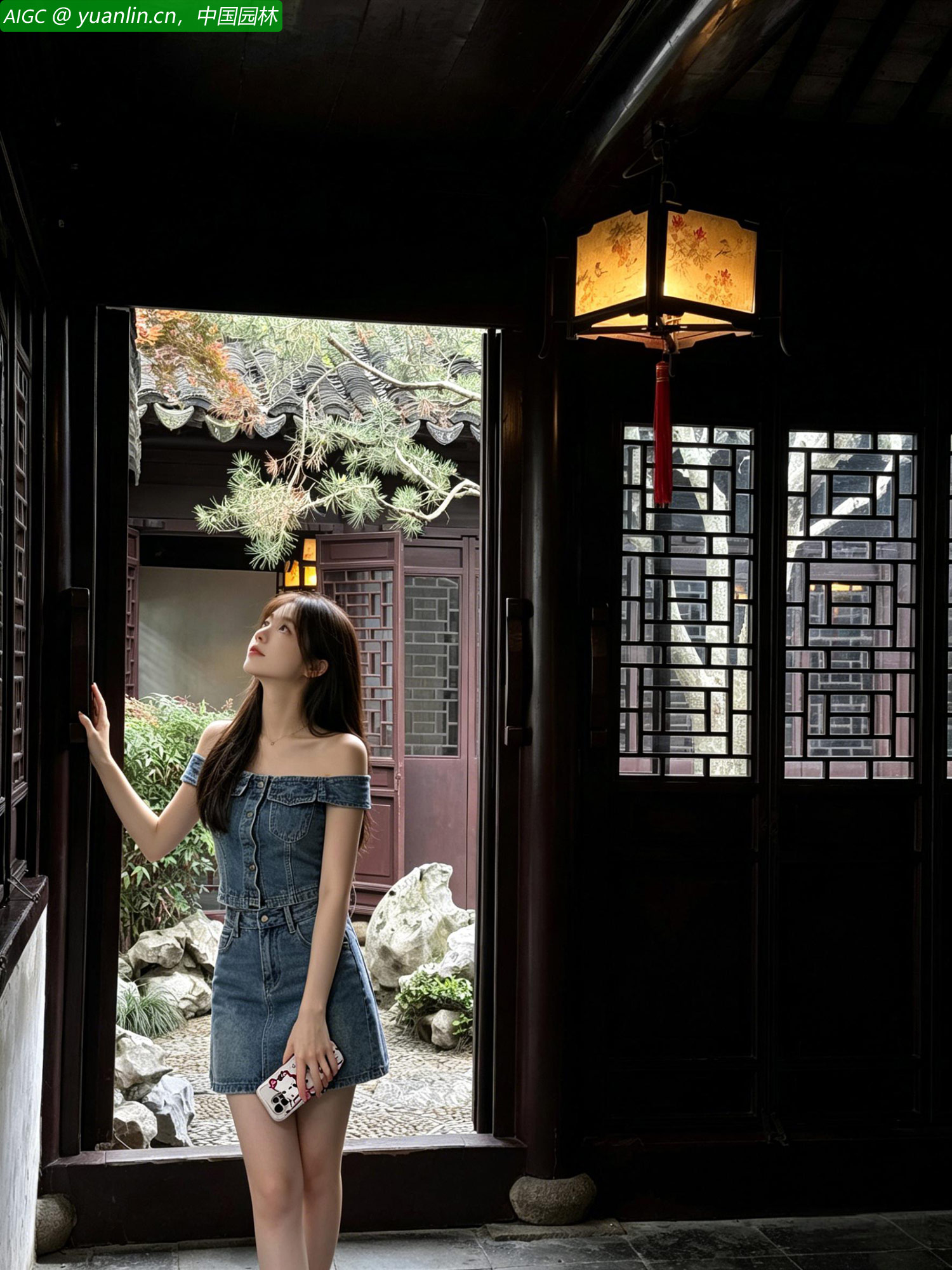 苏州留园古韵悠长。芷溪姑娘身着一袭露肩牛仔短裙