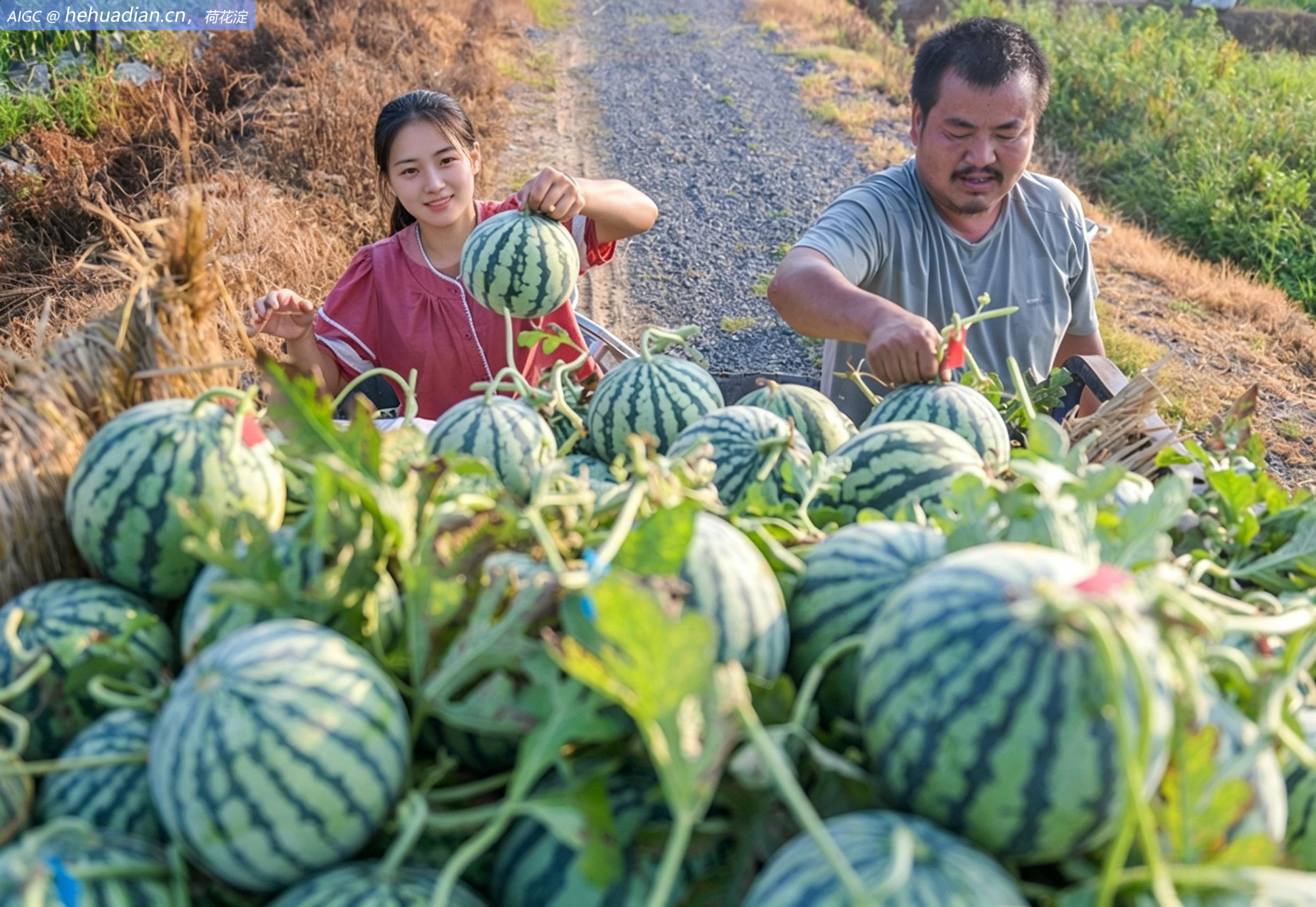 湖南永州道县白芒铺镇龙岭头村，农民正在田间采收西瓜