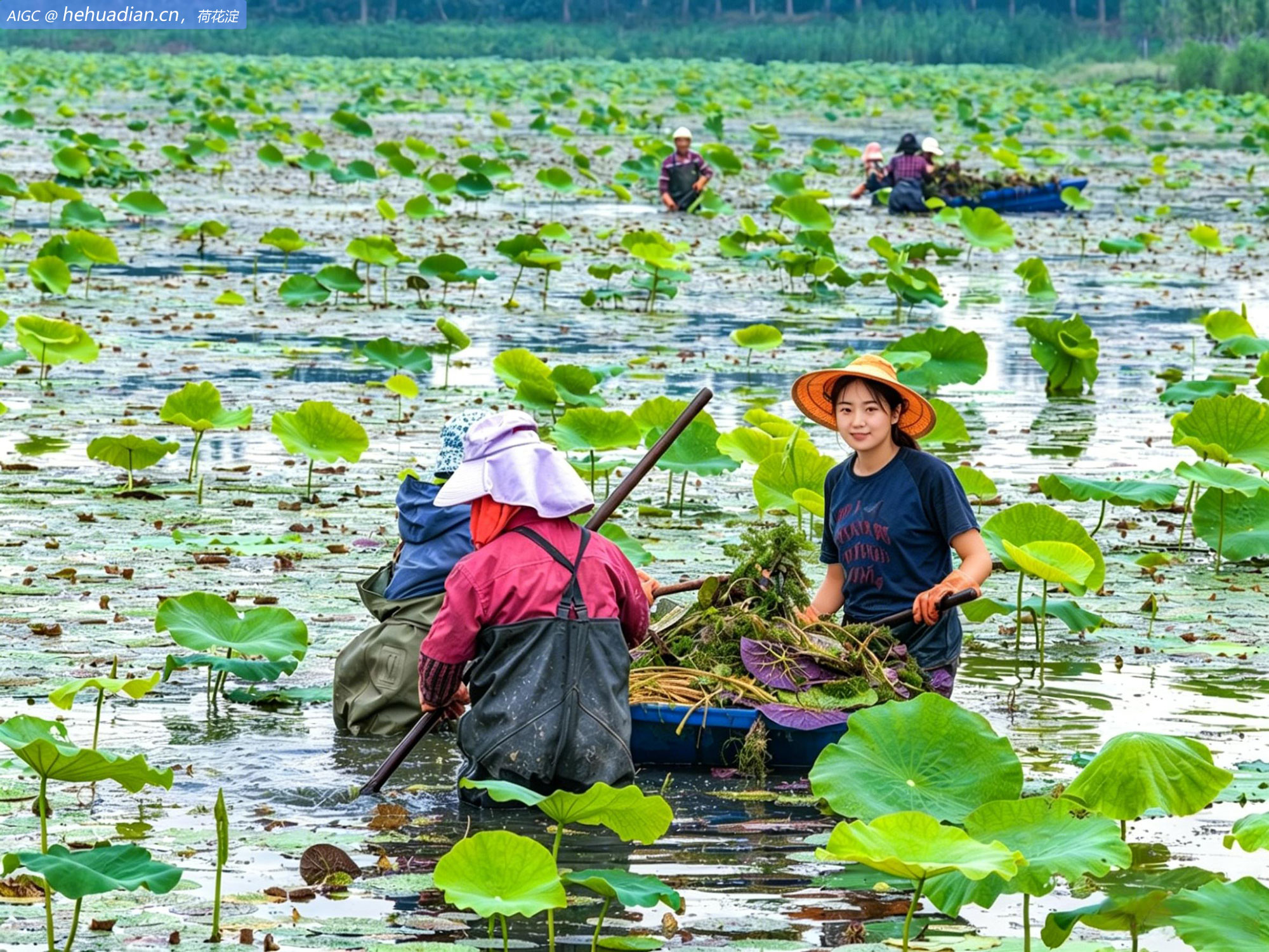 安徽省芜湖市繁昌区渡江村，村民在浅水藕塘里清理杂草