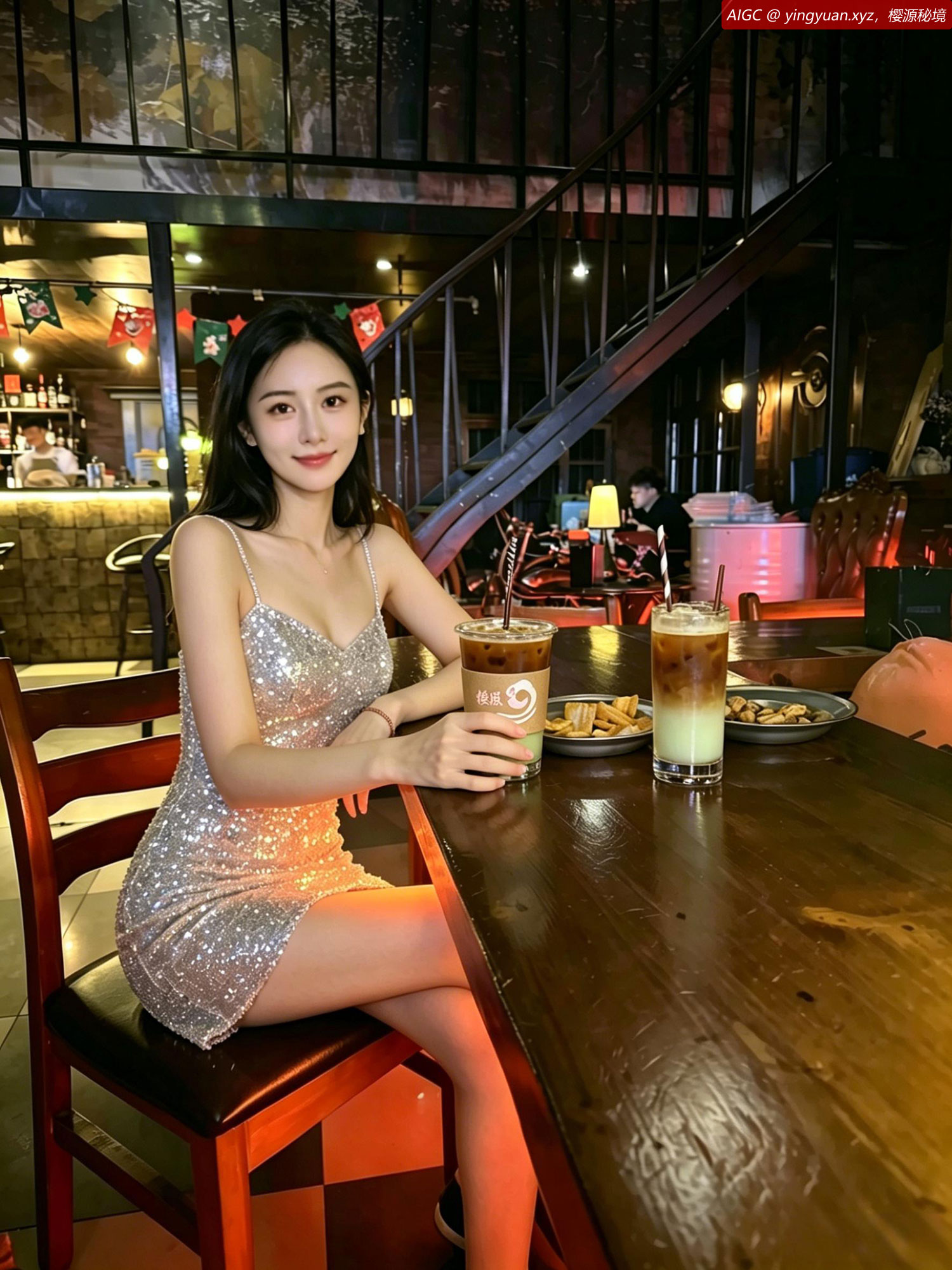 晓樱姑娘身着亮片吊带裙，手持一杯樱源冰咖