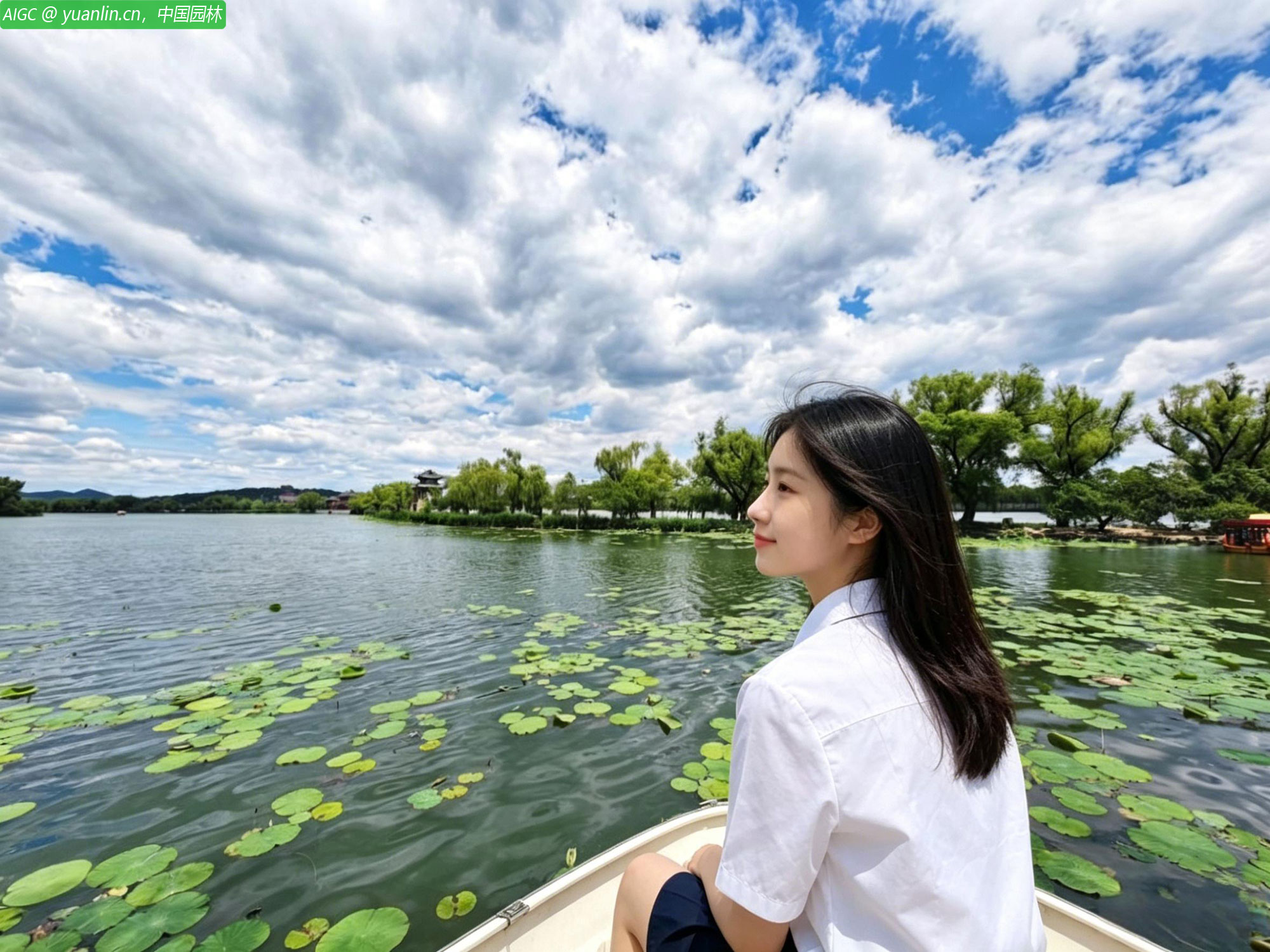 初夏的颐和园在蓝天白云映衬下美丽如画